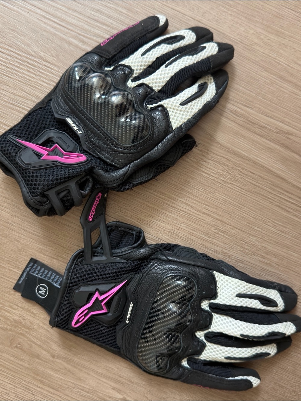 Alpinestars Black White Motorcycle Gloves with Pink Logo Accents